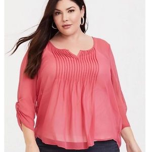 Torrid Coral Red Pintuck Chiffon Top 3/4 sleeves